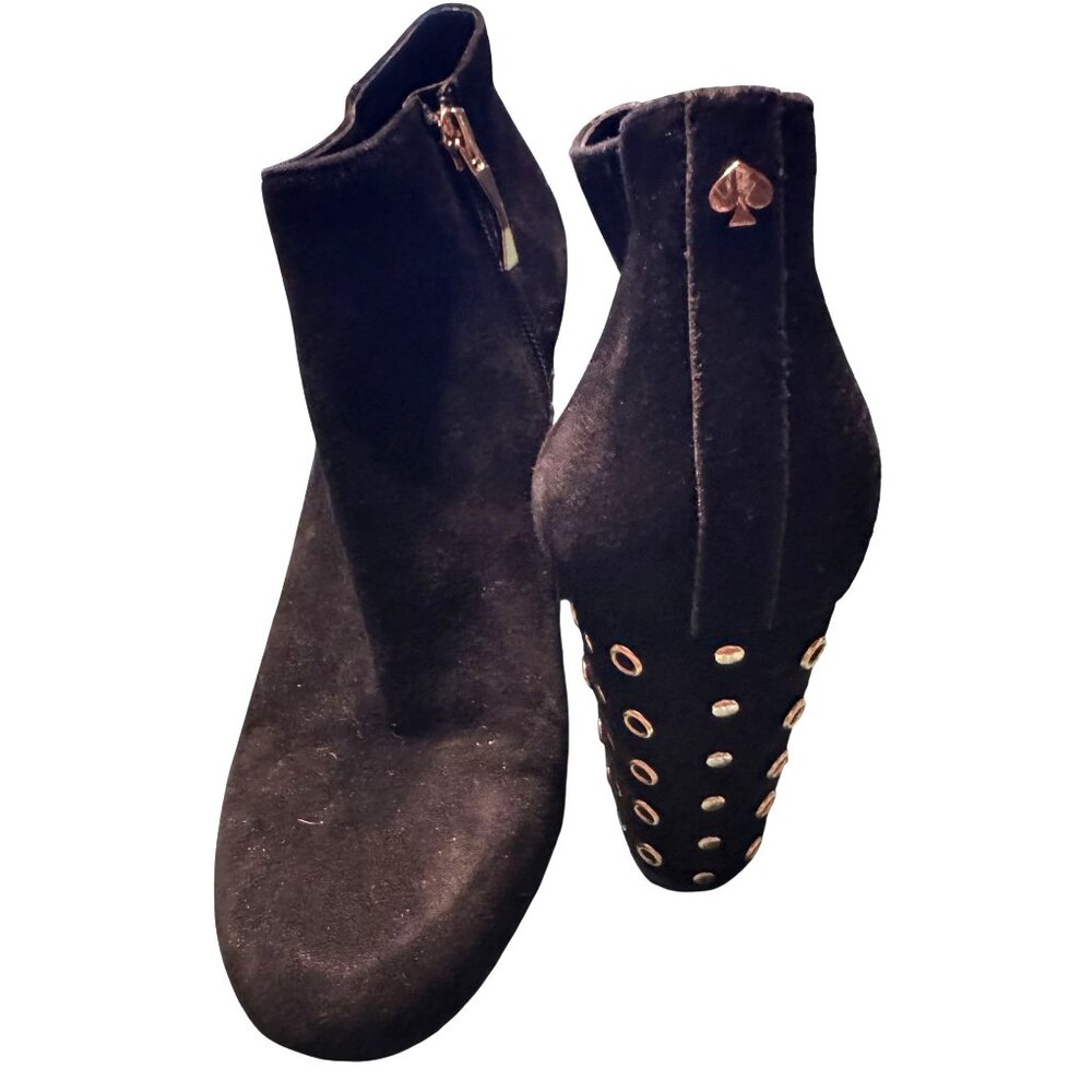 Kate Spade Black Suede Heeled Booties With Gold Eyelet Chunky